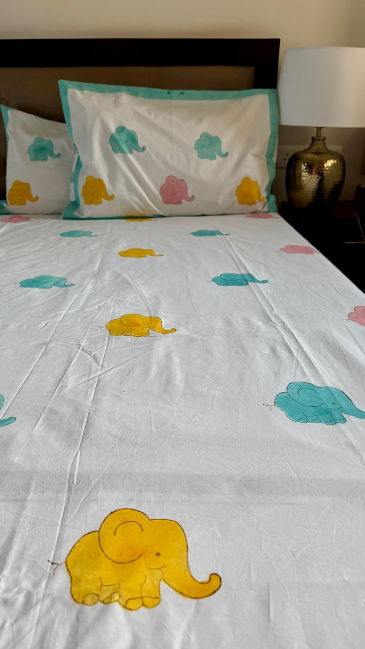 Pink & Yellow Elephant Handblock Premium Cotton Bedsheet Set
