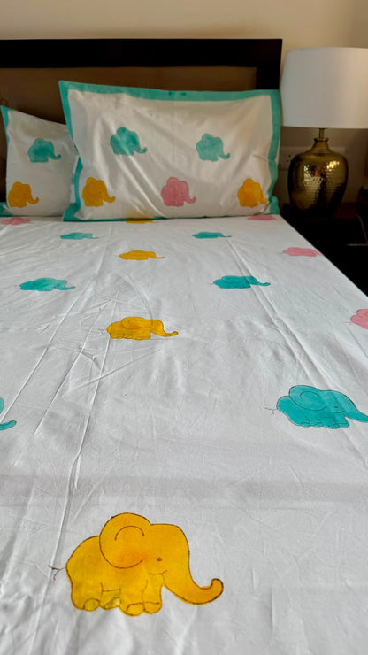 Pink & Yellow Elephant Handblock Premium Cotton Bedsheet Set