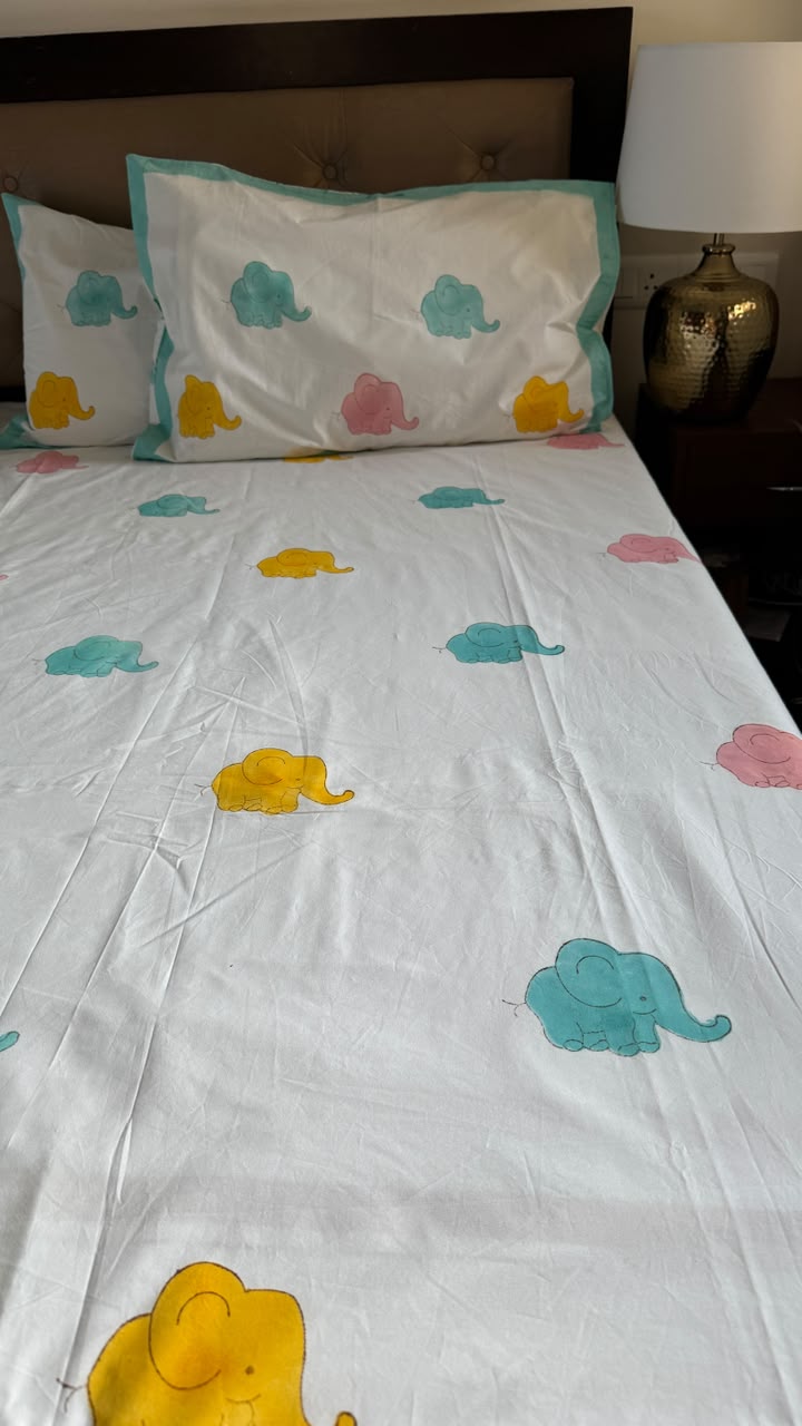 Pink & Yellow Elephant Handblock Premium Cotton Bedsheet Set