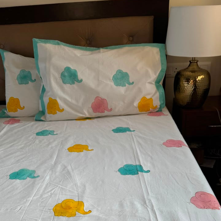 Pink & Yellow Elephant Handblock Premium Cotton Bedsheet Set
