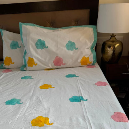 Pink & Yellow Elephant Handblock Premium Cotton Bedsheet Set