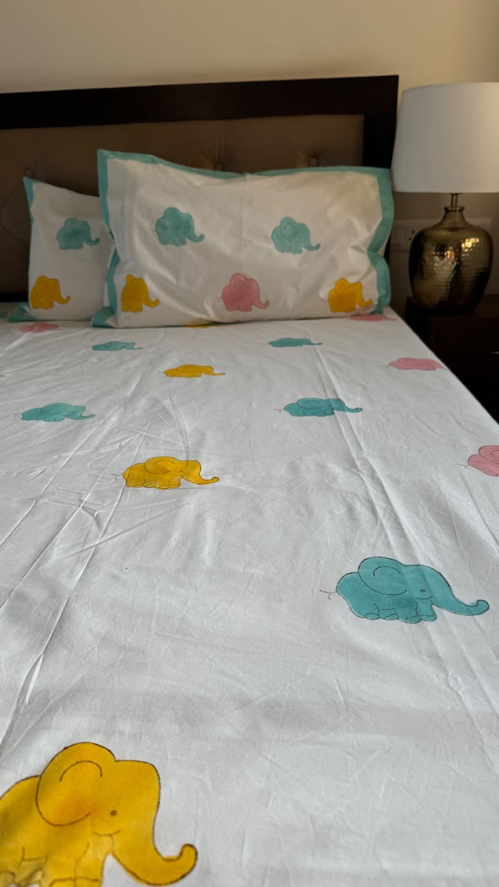 Pink & Yellow Elephant Handblock Premium Cotton Bedsheet Set