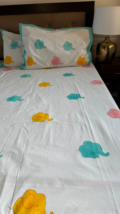 Pink & Yellow Elephant Handblock Premium Cotton Bedsheet Set