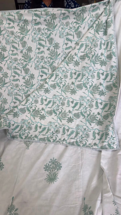 Sea Green Blossom Handblock Mulmul Cotton Reversible Dohar