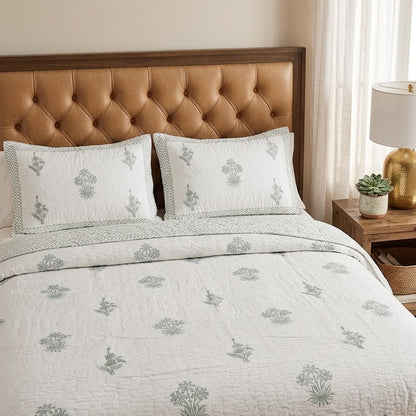 Sea Green Blossom Handblock Bedsheet + Quilted Bedcover Combo Set