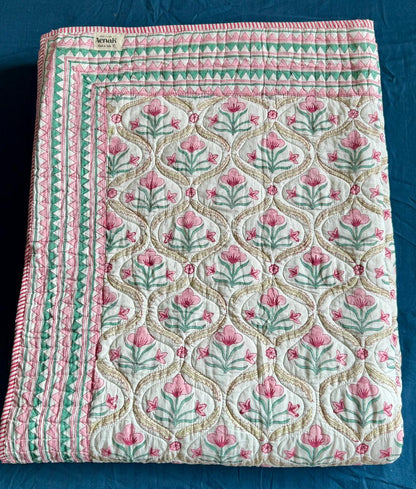 Pink & Green Cotton Bud Handblock Reversible Mulmul Cotton Quilt
