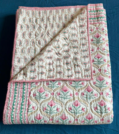 Pink & Green Cotton Bud Handblock Reversible Mulmul Cotton Quilt