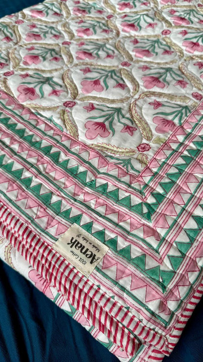 Pink & Green Cotton Bud Handblock Reversible Mulmul Cotton Quilt