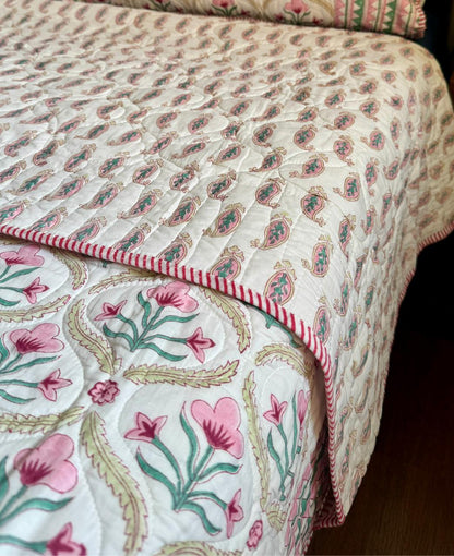 Pink & Green Cotton Bud Handblock Reversible Mulmul Cotton Quilt