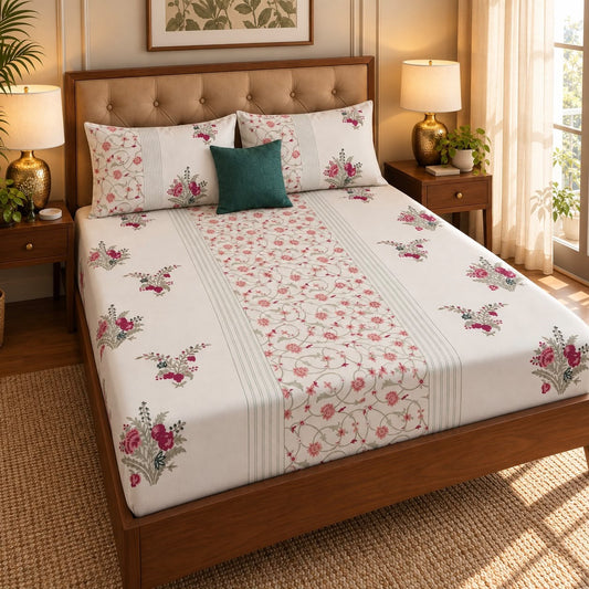 Kashmiri Boota Handblock Premium Cotton Bedsheet Set