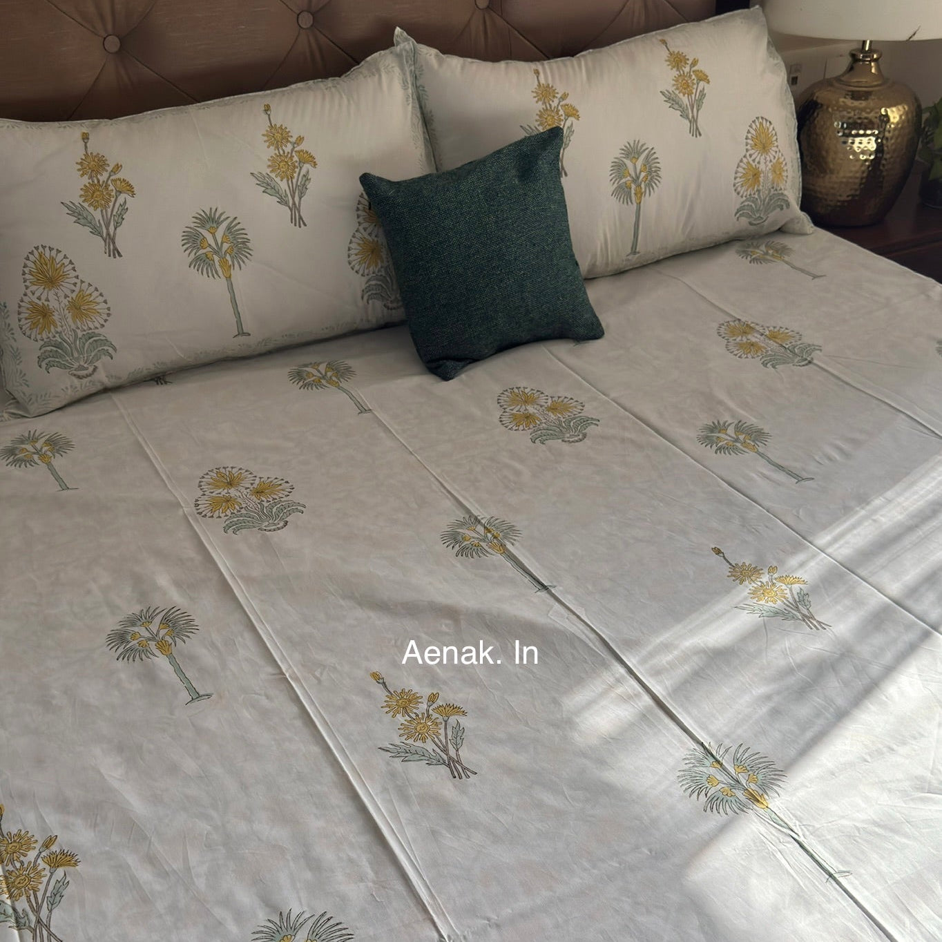 Light green and yellow 300 TC premium cotton bedsheet with handblock prints by Aenak