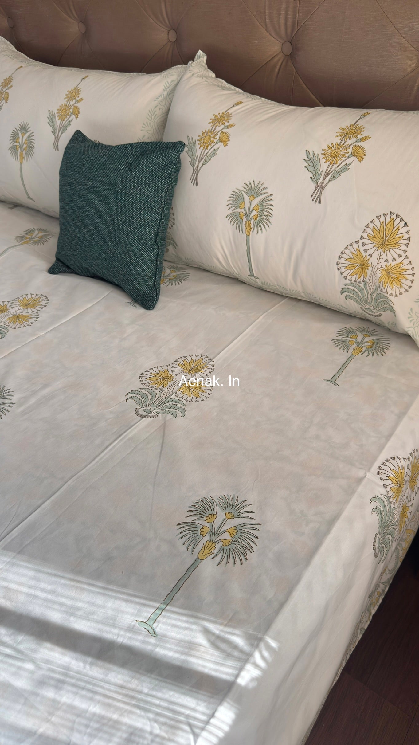 Aenak organic percale cotton bedsheet in light green and yellow handblock print