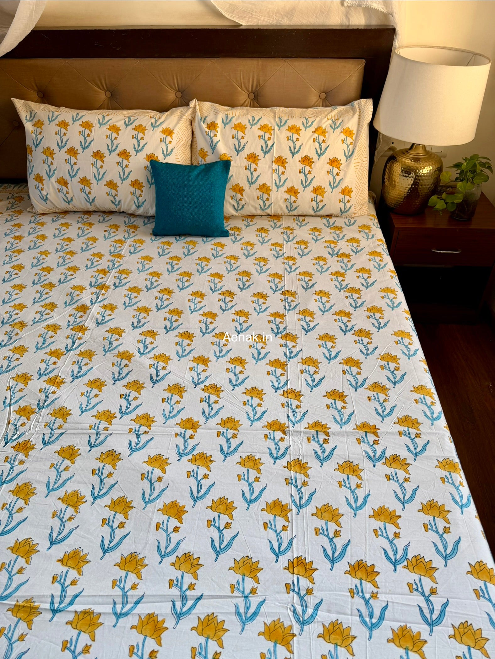 Custom fitted cotton bedsheet in 300 TC percale cotton with Jaipuri style print by Aenak