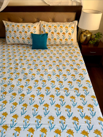Custom fitted cotton bedsheet in 300 TC percale cotton with Jaipuri style print by Aenak