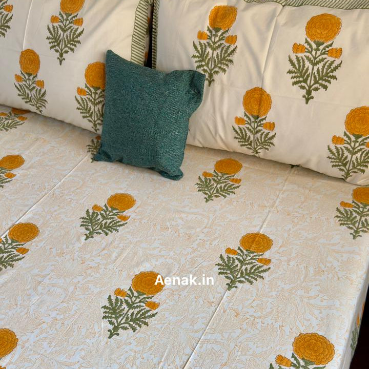 Yellow and green 300 TC premium cotton bedsheet with handblock prints by Aenak