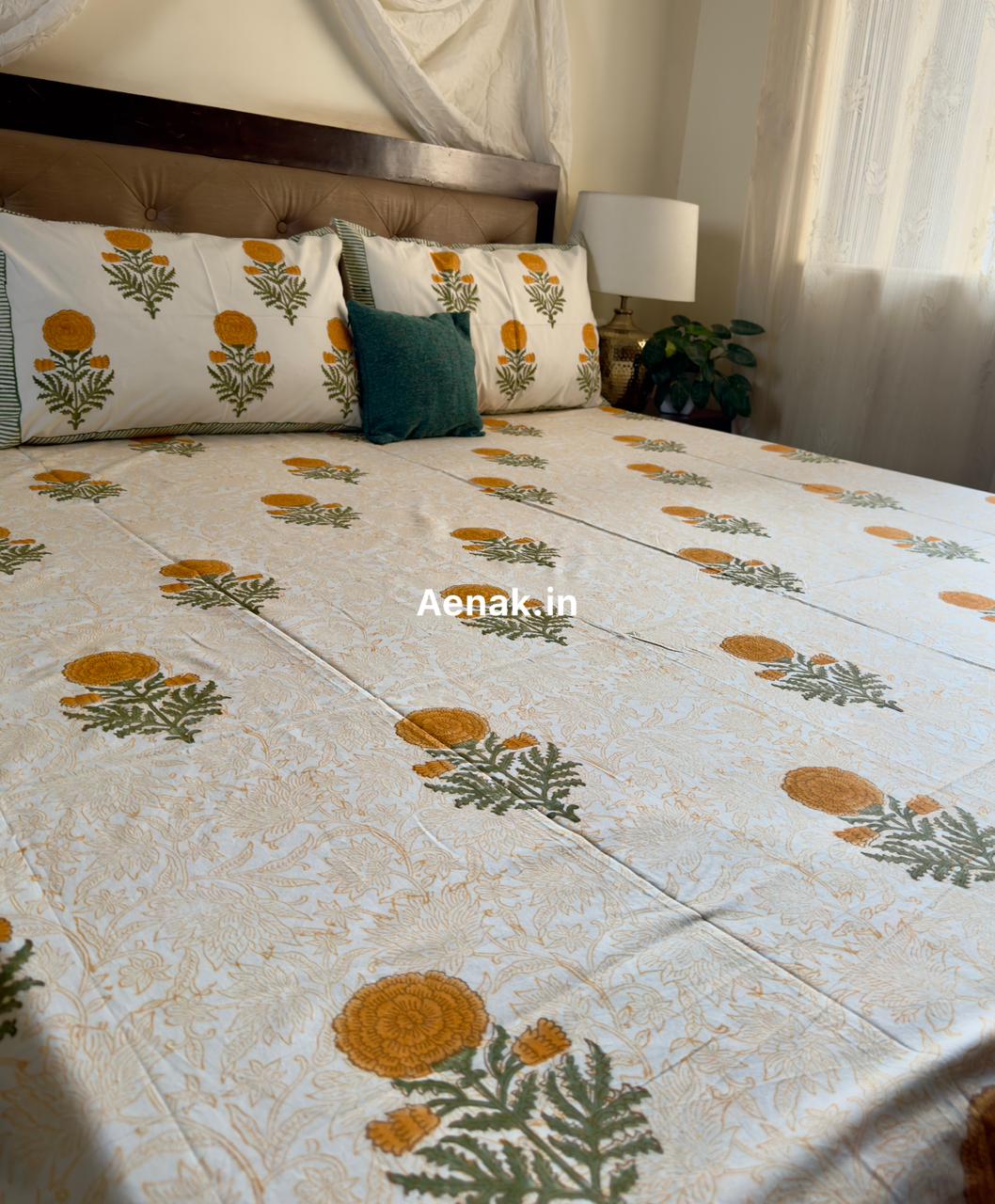 Custom fitted cotton bedsheet in 300 TC percale cotton with Jaipuri style print by Aenak