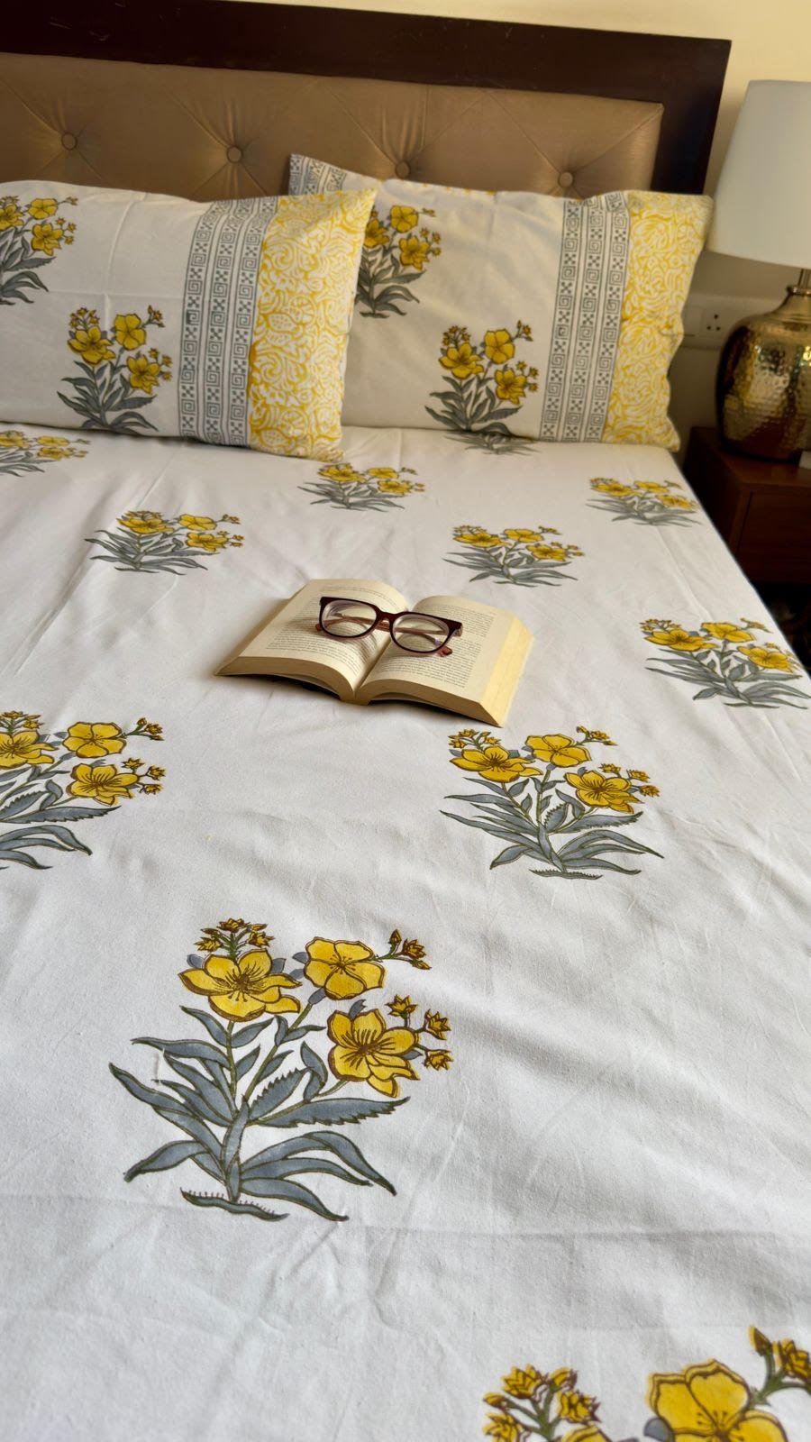Custom fitted cotton bedsheet in 300 TC percale cotton with Jaipuri style print by Aenak