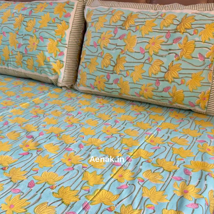 Yellow blue and pink 300 TC premium cotton bedsheet with handblock prints by Aenak