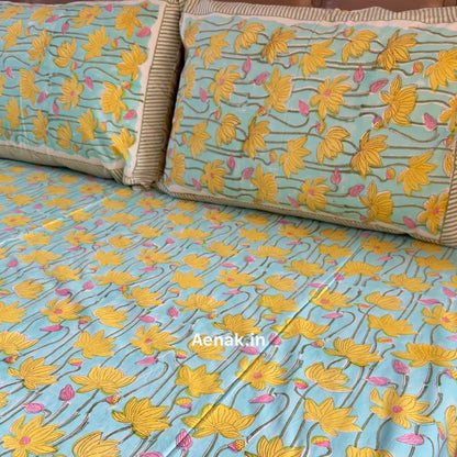 Yellow blue and pink 300 TC premium cotton bedsheet with handblock prints by Aenak