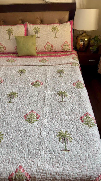 Pink Royal Pani Jaal Handblock Reversible Quilted Cotton Bedcover Set