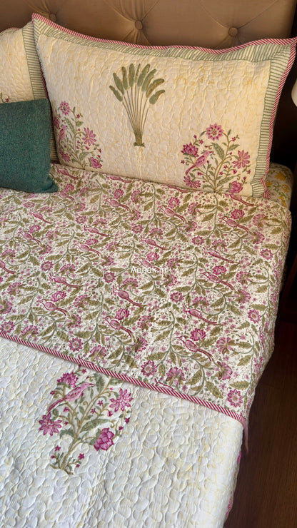 Purple Sparrow Pani Jaal Handblock Printed Reversible Quilted Cotton Bedcover Set