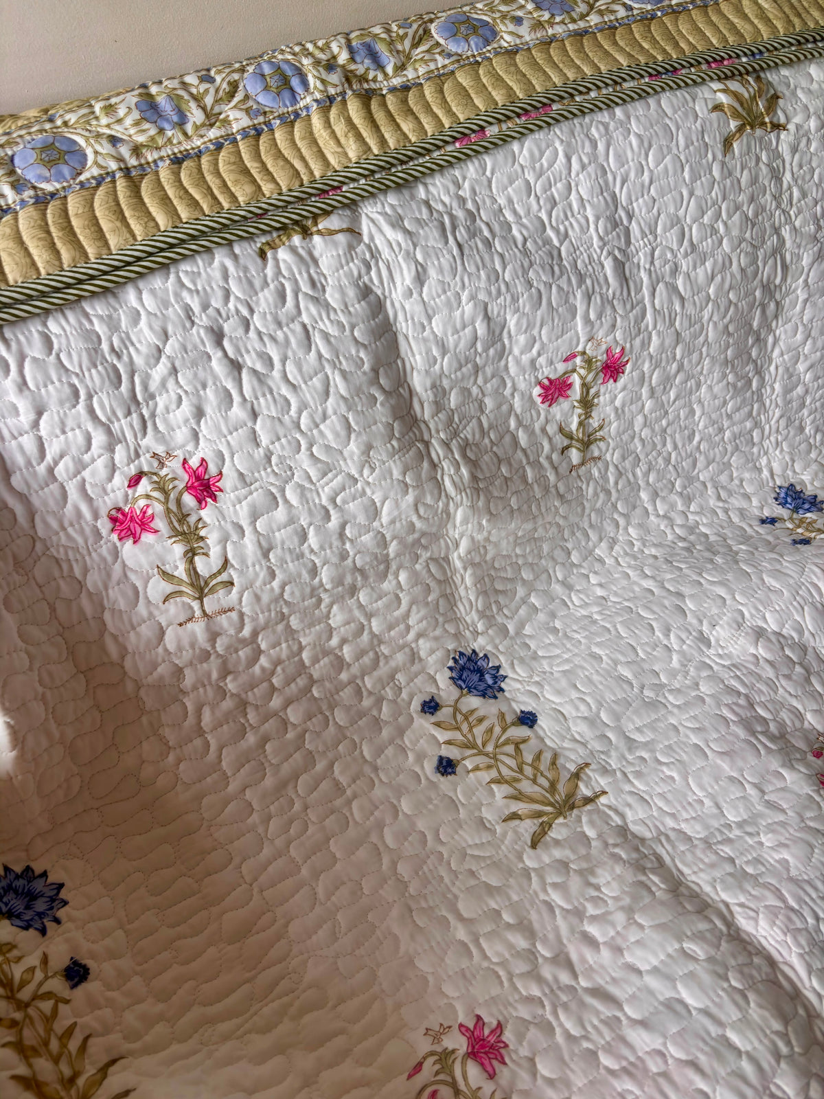Pink & Blue Floral Handblock Printed Reversible Quilted Cotton Bedcover Set-106x108