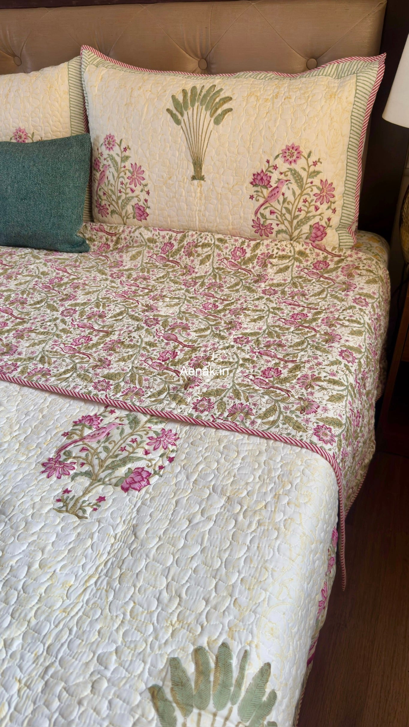 Purple Sparrow Pani Jaal Handblock Printed Reversible Quilted Cotton Bedcover Set