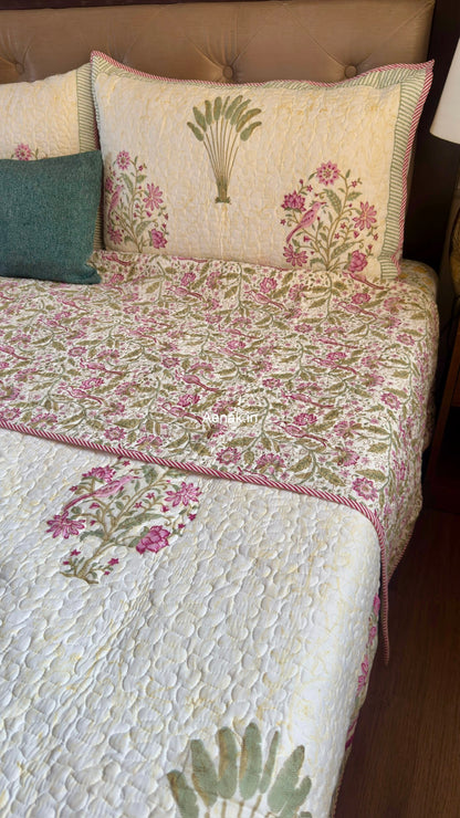 Purple Sparrow Pani Jaal Handblock Printed Reversible Quilted Cotton Bedcover Set