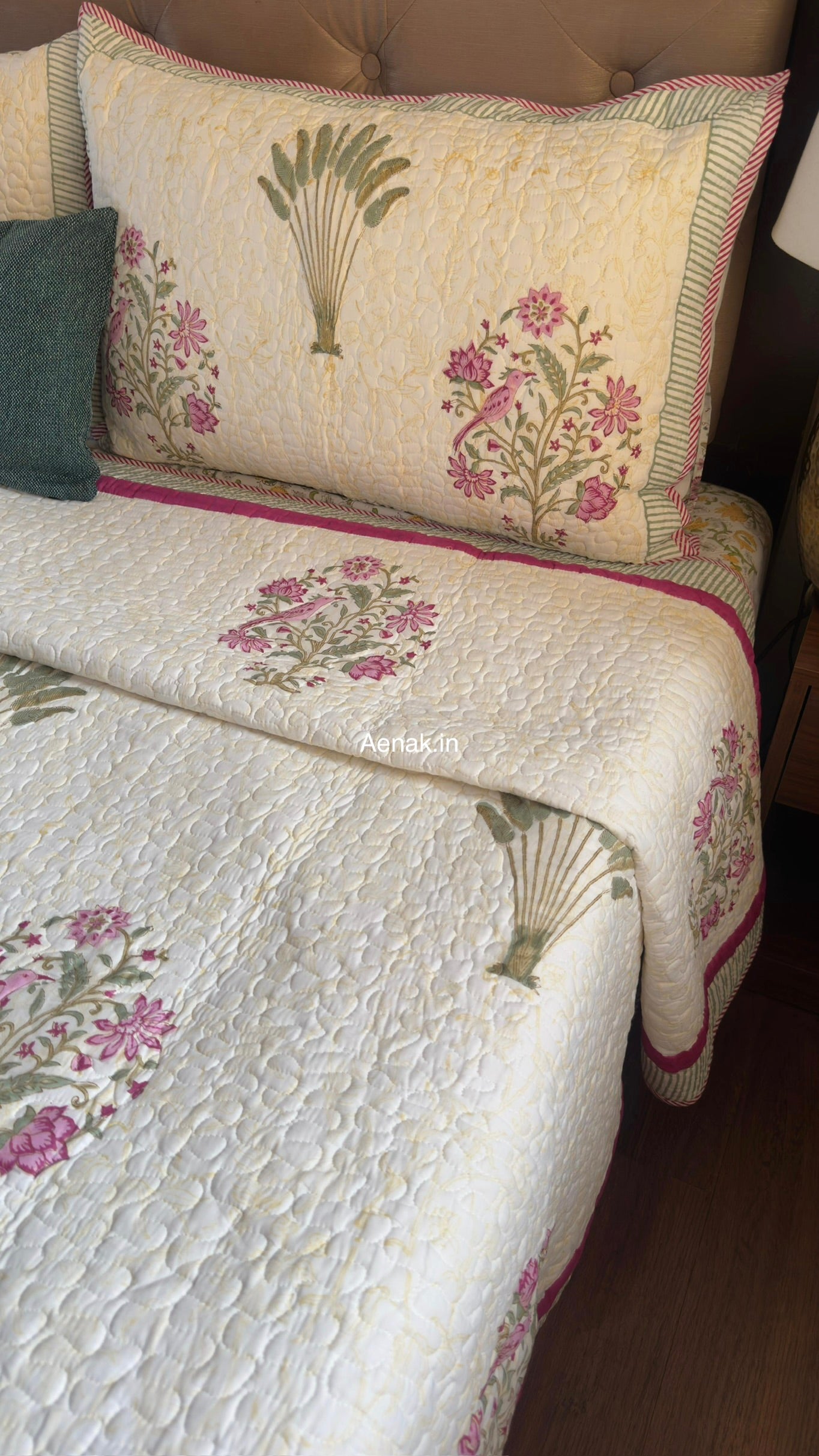 Purple Sparrow Pani Jaal Handblock Printed Reversible Quilted Cotton Bedcover Set