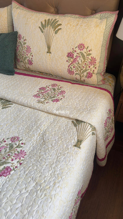 Purple Sparrow Pani Jaal Handblock Printed Reversible Quilted Cotton Bedcover Set