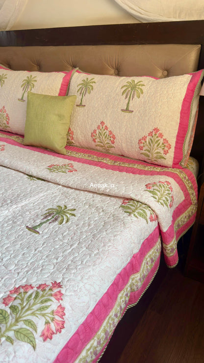Pink Royal Pani Jaal Handblock Reversible Quilted Cotton Bedcover Set