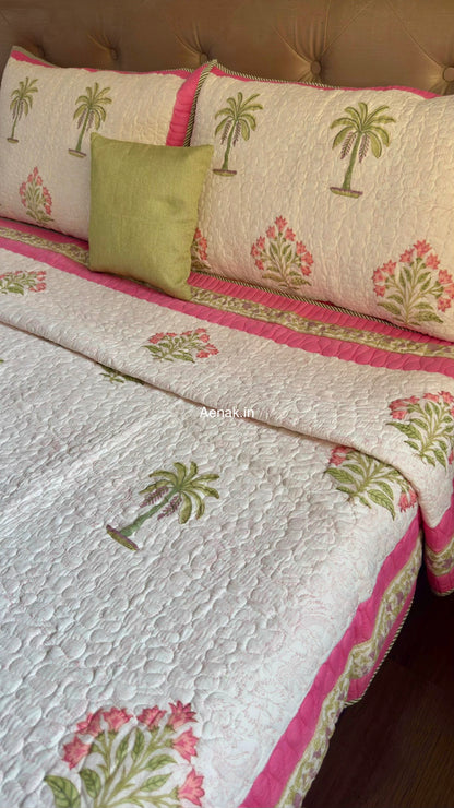 Pink Royal Pani Jaal Handblock Reversible Quilted Cotton Bedcover Set
