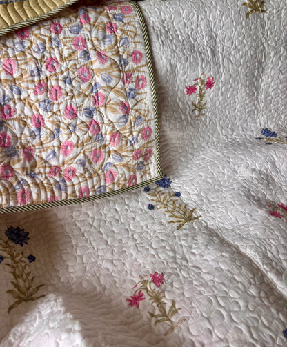 Pink & Blue Floral Handblock Printed Reversible Quilted Cotton Bedcover Set-106x108
