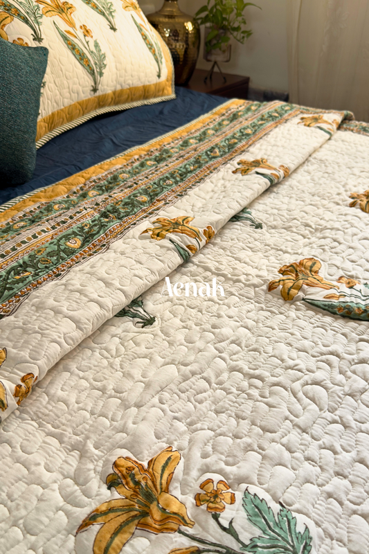 Yellow Lily Handblock Bedsheet + Quilted Bedcover Combo
