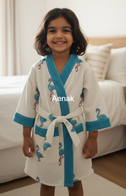 Blue Flamingo Handblock Cotton Bathrobe Set