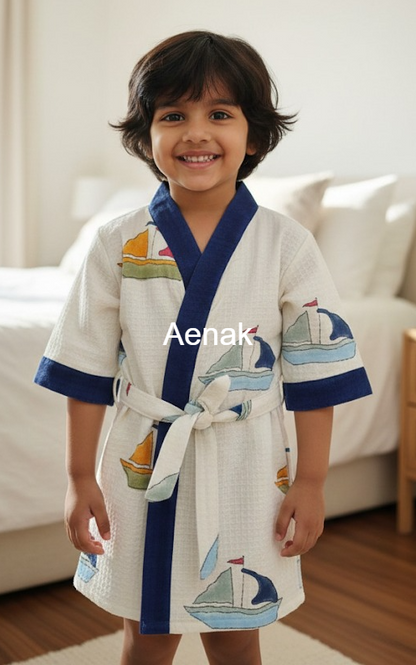 The Little Skipper Handblock Cotton Bathrobe Set