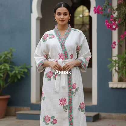 Pink Lotus Handblock Waffle Cotton Bathrobe Set