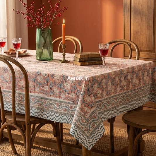 Light Peach Floral Handblock Table Cover