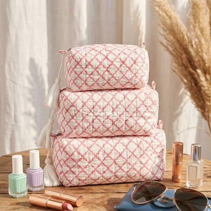 Pink Jaal Quilted Vanity Pouches-Set of 3