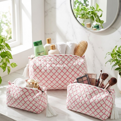 Pink Jaal Quilted Vanity Pouches-Set of 3
