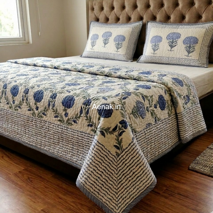 Blue Floral Jaal Handblock Printed Reversible Quilted Bedcover