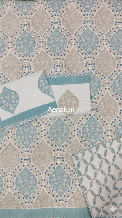 Blue Jaal Handblock Reversible Quilted Bedcover Set