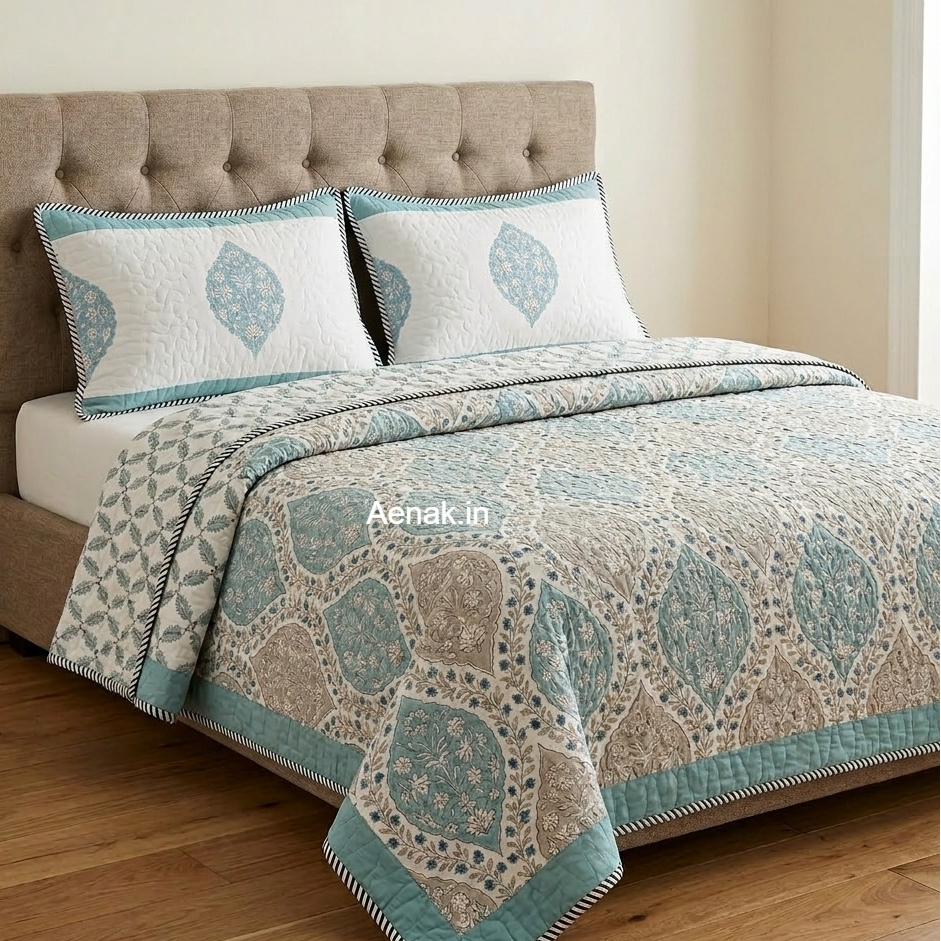 Blue Jaal Handblock Bedsheet + Quilted Bedcover Combo Set