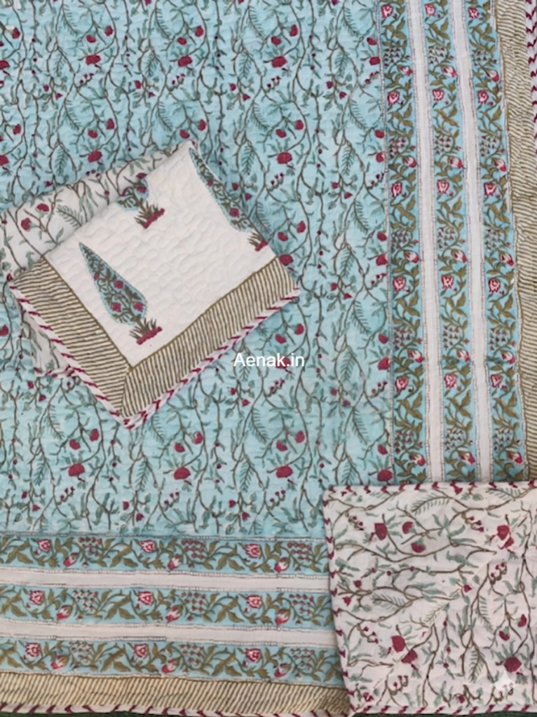 Gulab Jaal Handblock Reversible Quilted Bedcover Set