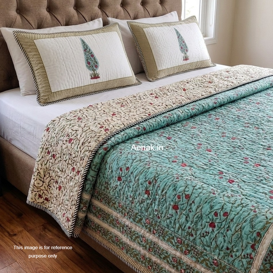 Gulab Jaal Handblock Reversible Quilted Bedcover Set