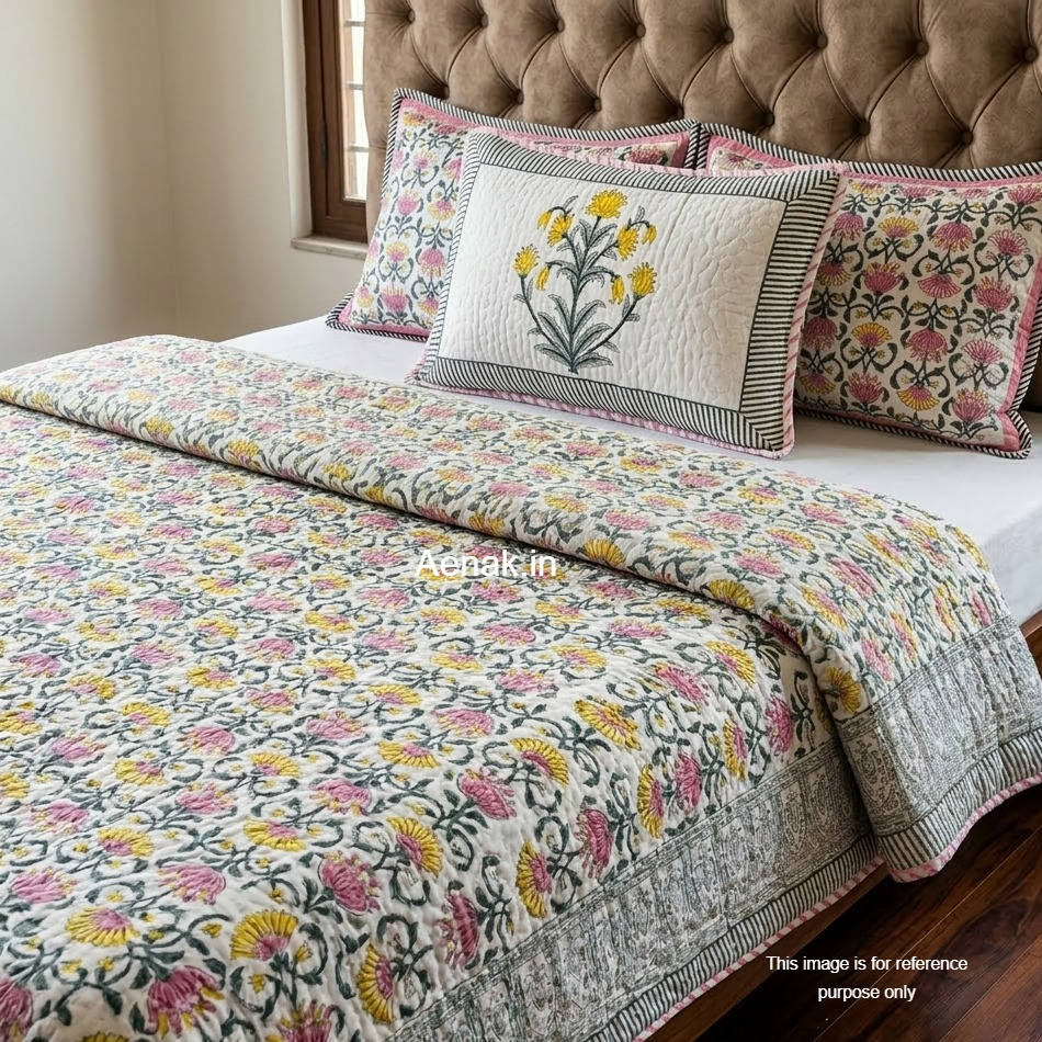 Pink & Yellow Lotus Handblock Bedsheet + Quilted Bedcover Combo Set
