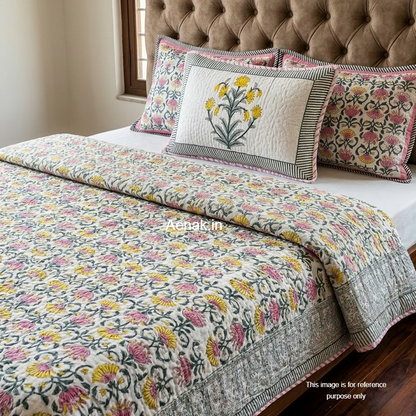 Pink & Yellow Lotus Handblock Bedsheet + Quilted Bedcover Combo Set