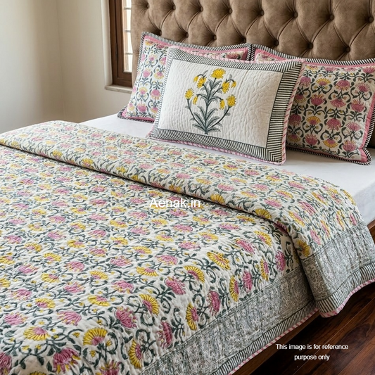 Pink & Yellow Lotus Handblock Bedsheet + Quilted Bedcover Combo Set