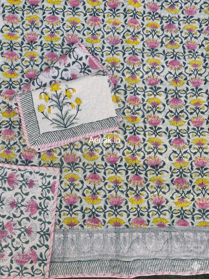 Pink & Yellow Lotus Handblock Bedsheet + Quilted Bedcover Combo Set
