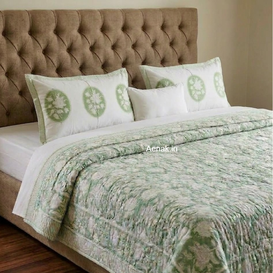 Green Garden Handblock Reversible Quilted Bedcover Set